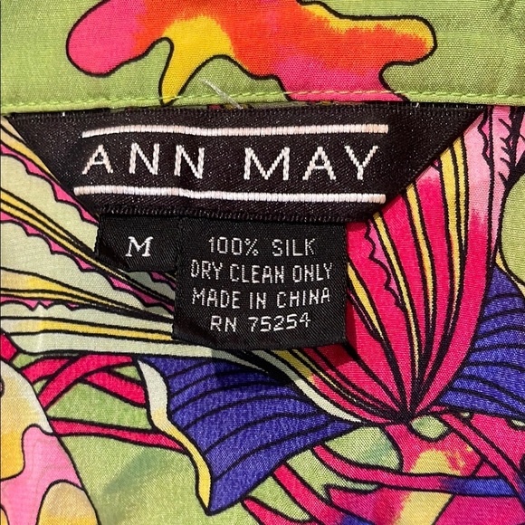 Green Pink Yellow Silk Button Down Shirt with Tropical Print Sz M - Picture 6 of 6
